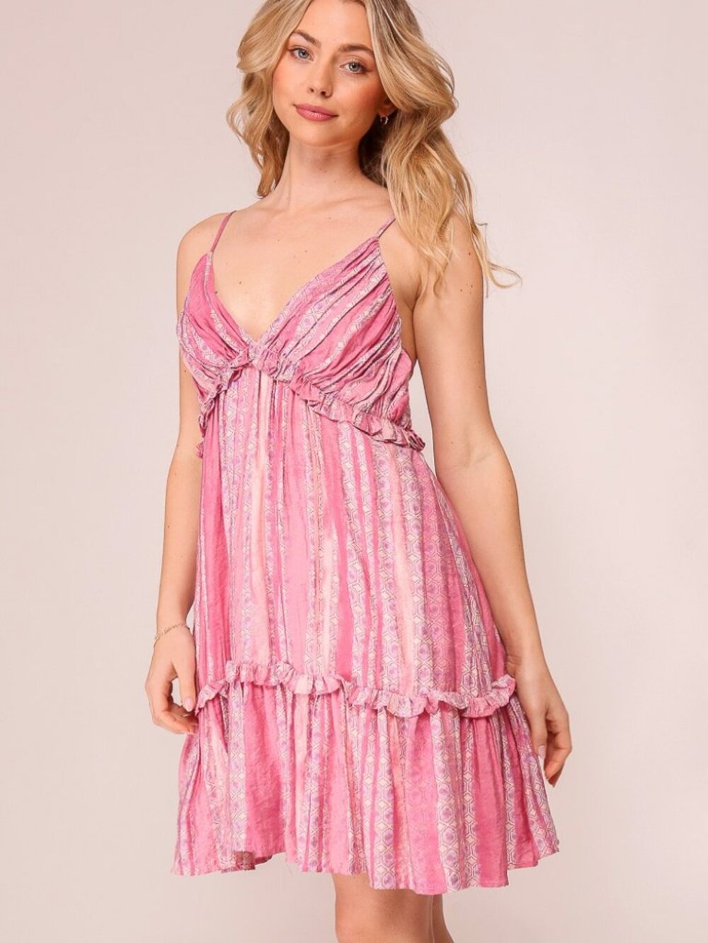 LUMIERE Boho Pink Patterned Babydoll Dress | Ruffle Trim Spaghetti Strap